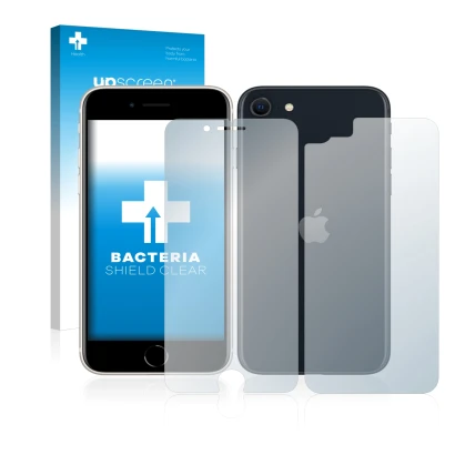 Vorderseite einer Produktverpackung mit dem Markenlogo upscreen. Daneben ist das Gerät Apple iPhone SE 3 2022 (Display+Rücksei