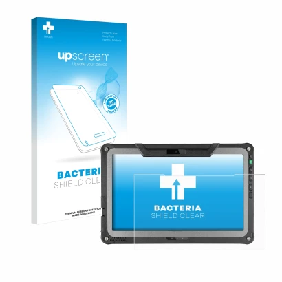 Vorderseite einer Produktverpackung mit dem Markenlogo upscreen. Daneben ist das Gerät Getac F110 G6 mit dem zugehörigen Displ