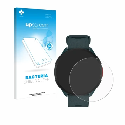 Vorderseite einer Produktverpackung mit dem Markenlogo upscreen. Daneben ist das Gerät Polar Pacer mit dem zugehörigen Display