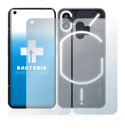 Abbildung des Geräts Nothing Phone (1) (Display+Rückseite) mit einer Vielzahl des Displayschutzes.