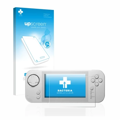 Vorderseite einer Produktverpackung mit dem Markenlogo upscreen. Daneben ist das Gerät Evercade EXP mit dem zugehörigen Displa