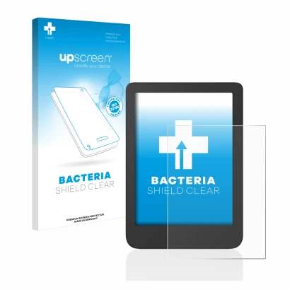 Vorderseite einer Produktverpackung mit dem Markenlogo upscreen. Daneben ist das Gerät Tolino Shine 4 mit dem zugehörigen Disp