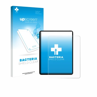 Vorderseite einer Produktverpackung mit dem Markenlogo upscreen. Daneben ist das Gerät Apple iPad Pro 12.9" 2022 (6. Gen.) mit