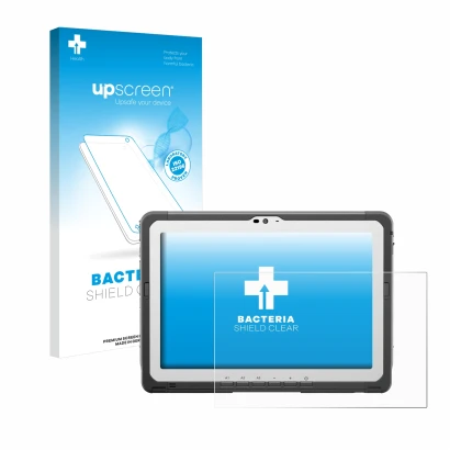 Vorderseite einer Produktverpackung mit dem Markenlogo upscreen. Daneben ist das Gerät Panasonic Toughbook FZ-A3 mit dem zugeh