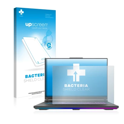 Vorderseite einer Produktverpackung mit dem Markenlogo upscreen. Daneben ist das Gerät ASUS ROG Strix G18 G814 2023 mit dem zu