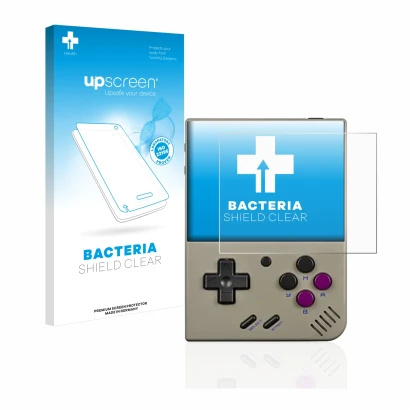 Vorderseite einer Produktverpackung mit dem Markenlogo upscreen. Daneben ist das Gerät Miyoo Mini Plus mit dem zugehörigen Dis