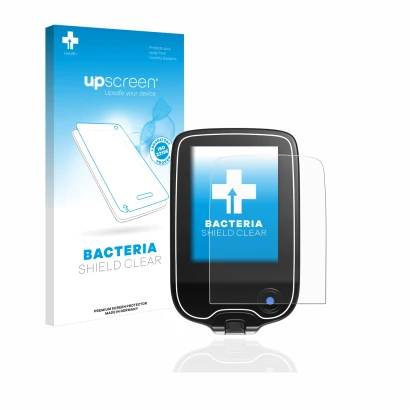 Vorderseite einer Produktverpackung mit dem Markenlogo upscreen. Daneben ist das Gerät Freestyle Libre 3 mit dem zugehörigen D