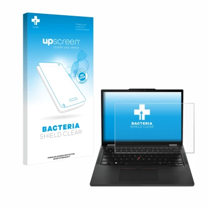 Vorderseite einer Produktverpackung mit dem Markenlogo upscreen. Daneben ist das Gerät Lenovo ThinkPad X13 Gen 4 mit dem zugeh