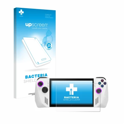 Vorderseite einer Produktverpackung mit dem Markenlogo upscreen. Daneben ist das Gerät ASUS ROG Ally (2023) RC71L mit dem zuge