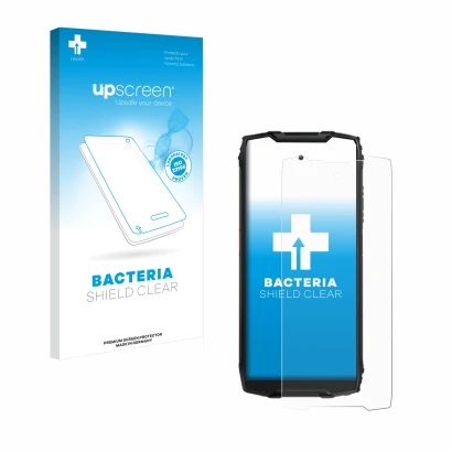 Vorderseite einer Produktverpackung mit dem Markenlogo upscreen. Daneben ist das Gerät Blackview BV9300 mit dem zugehörigen Di