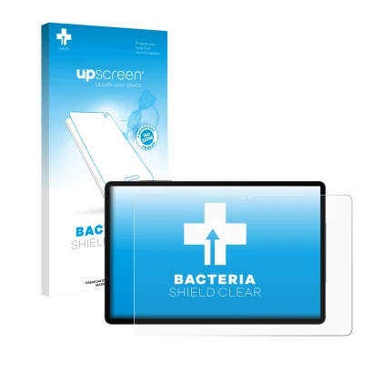 Vorderseite einer Produktverpackung mit dem Markenlogo upscreen. Daneben ist das Gerät Samsung Galaxy Tab S9 WiFi mit dem zuge