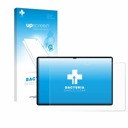 Vorderseite einer Produktverpackung mit dem Markenlogo upscreen. Daneben ist das Gerät Samsung Galaxy Tab S9 Ultra WiFi mit de