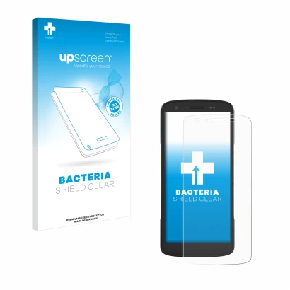 Vorderseite einer Produktverpackung mit dem Markenlogo upscreen. Daneben ist das Gerät Zebra TC22 mit dem zugehörigen Displays