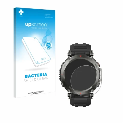 Vorderseite einer Produktverpackung mit dem Markenlogo upscreen. Daneben ist das Gerät Huami Amazfit T-Rex Ultra mit dem zugeh