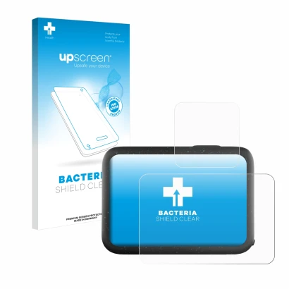 Vorderseite einer Produktverpackung mit dem Markenlogo upscreen. Daneben ist das Gerät GoPro Hero 12 Black mit dem zugehörigen