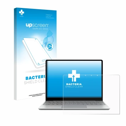 Vorderseite einer Produktverpackung mit dem Markenlogo upscreen. Daneben ist das Gerät Microsoft Surface Laptop Go 3 Business 