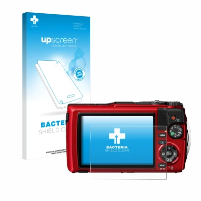 Vorderseite einer Produktverpackung mit dem Markenlogo upscreen. Daneben ist das Gerät Olympus OM System Tough TG-7 mit dem zu