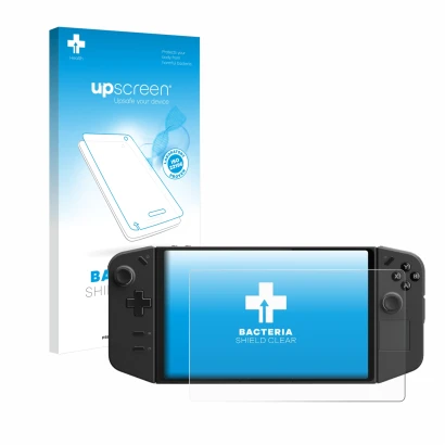 Vorderseite einer Produktverpackung mit dem Markenlogo upscreen. Daneben ist das Gerät Lenovo Legion Go mit dem zugehörigen Di