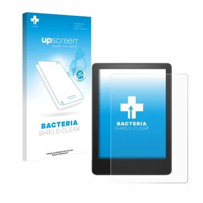 Vorderseite einer Produktverpackung mit dem Markenlogo upscreen. Daneben ist das Gerät Amazon Kindle Paperwhite 2023 (11. Gen.