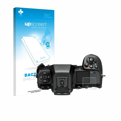 Vorderseite einer Produktverpackung mit dem Markenlogo upscreen. Daneben ist das Gerät Nikon Z 8 (Schulterdisplay) mit dem zug