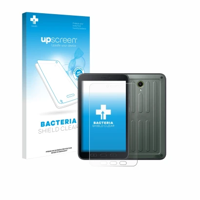 Vorderseite einer Produktverpackung mit dem Markenlogo upscreen. Daneben ist das Gerät Samsung Galaxy Tab Active 5 (Hochformat