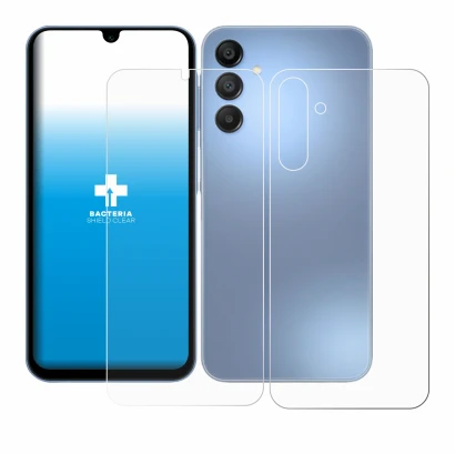 Abbildung des Geräts Samsung Galaxy A15 (Display+Rückseite) mit einer Vielzahl des Displayschutzes.