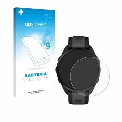 Vorderseite einer Produktverpackung mit dem Markenlogo upscreen. Daneben ist das Gerät Garmin Forerunner 165 mit dem zugehörig