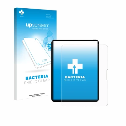 Vorderseite einer Produktverpackung mit dem Markenlogo upscreen. Daneben ist das Gerät Apple iPad Pro 13" WiFi 2024 mit dem zu