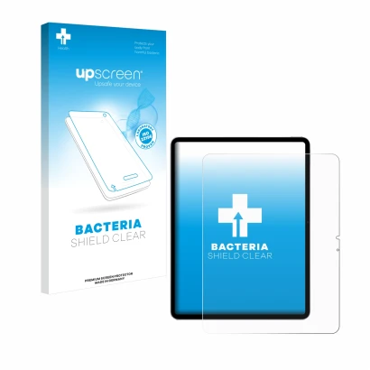 Vorderseite einer Produktverpackung mit dem Markenlogo upscreen. Daneben ist das Gerät Apple iPad Air 13" M2 WiFi 2024 mit dem