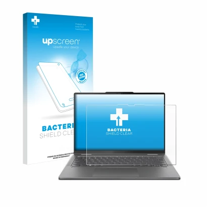 Vorderseite einer Produktverpackung mit dem Markenlogo upscreen. Daneben ist das Gerät Lenovo Yoga 7 2-in-1 Gen 9 14" mit dem 