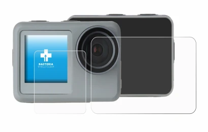 Abbildung des Geräts Rollei Actioncam 9s Plus mit einer Vielzahl des Displayschutzes.