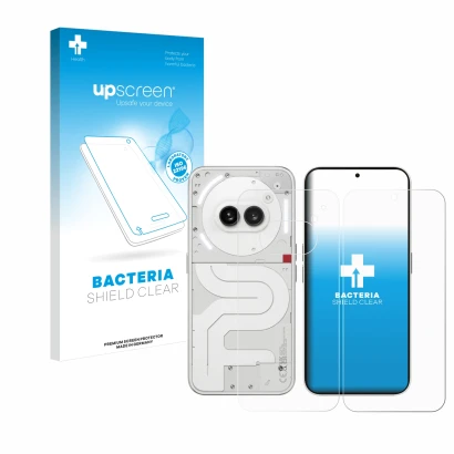 Vorderseite einer Produktverpackung mit dem Markenlogo upscreen. Daneben ist das Gerät Nothing Phone (2a) (Display+Rückseite) 