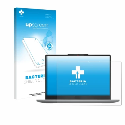 Vorderseite einer Produktverpackung mit dem Markenlogo upscreen. Daneben ist das Gerät Lenovo IdeaPad 5 2-in-1 14AHP9 mit dem 