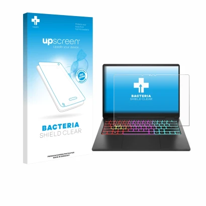 Vorderseite einer Produktverpackung mit dem Markenlogo upscreen. Daneben ist das Gerät HP Omen Transcend 14 mit dem zugehörige