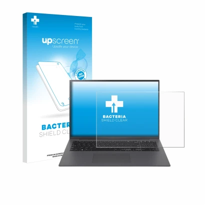 Vorderseite einer Produktverpackung mit dem Markenlogo upscreen. Daneben ist das Gerät LG gram 17" 2024 mit dem zugehörigen Di