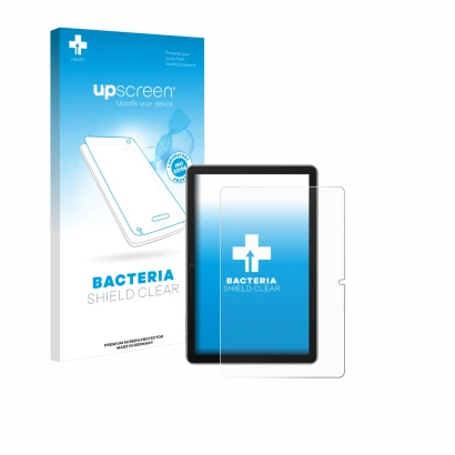 Vorderseite einer Produktverpackung mit dem Markenlogo upscreen. Daneben ist das Gerät Blackview Tab 70 mit dem zugehörigen Di