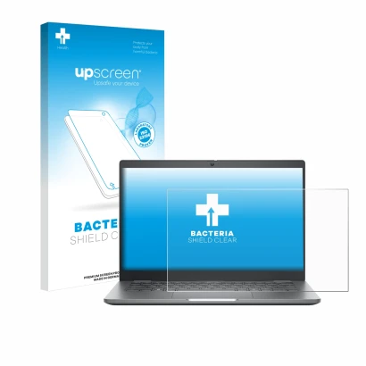 Vorderseite einer Produktverpackung mit dem Markenlogo upscreen. Daneben ist das Gerät Dell Latitude 5350 Laptop mit dem zugeh