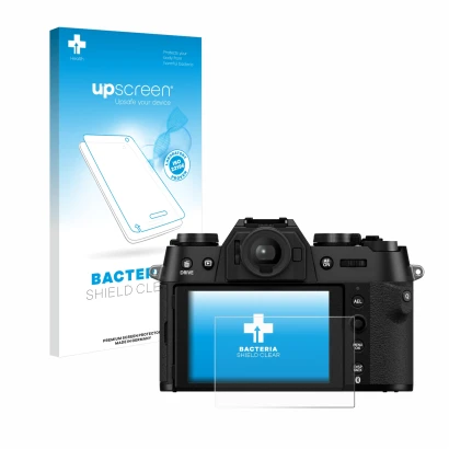 Vorderseite einer Produktverpackung mit dem Markenlogo upscreen. Daneben ist das Gerät Fujifilm X-T50 mit dem zugehörigen Disp