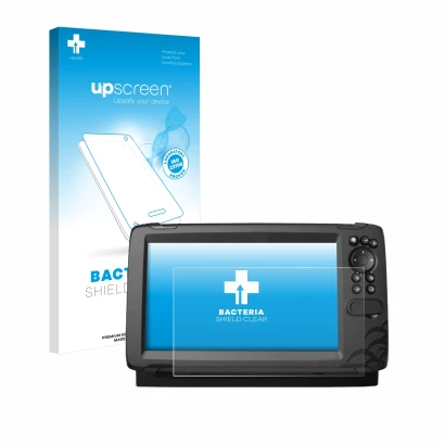 Vorderseite einer Produktverpackung mit dem Markenlogo upscreen. Daneben ist das Gerät Lowrance HOOK Reveal 9 mit dem zugehöri