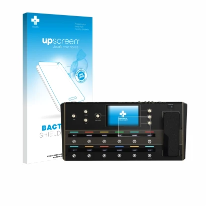 Vorderseite einer Produktverpackung mit dem Markenlogo upscreen. Daneben ist das Gerät Headrush Prime mit dem zugehörigen Disp