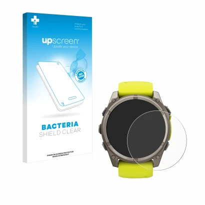 Vorderseite einer Produktverpackung mit dem Markenlogo upscreen. Daneben ist das Gerät Garmin Fenix 8 Solar (51 mm) mit dem zu