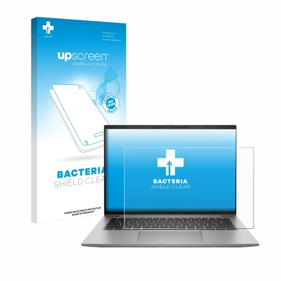 Vorderseite einer Produktverpackung mit dem Markenlogo upscreen. Daneben ist das Gerät HP Zbook Firefly 14 G11 mit dem zugehör