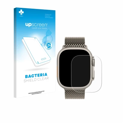 Vorderseite einer Produktverpackung mit dem Markenlogo upscreen. Daneben ist das Gerät Apple Watch Ultra 3 mit dem zugehörigen