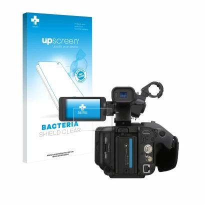 Vorderseite einer Produktverpackung mit dem Markenlogo upscreen. Daneben ist das Gerät Sony PXW-Z200 mit dem zugehörigen Displ