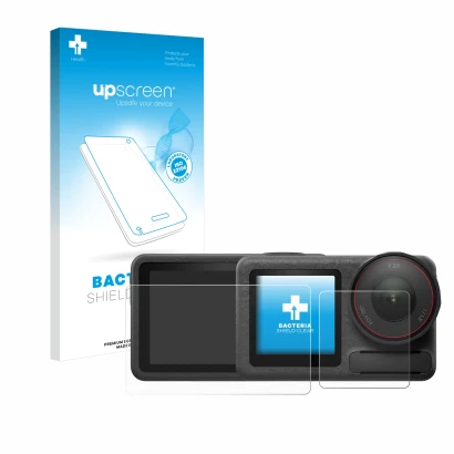 Vorderseite einer Produktverpackung mit dem Markenlogo upscreen. Daneben ist das Gerät DJI Osmo Action 5 Pro mit dem zugehörig