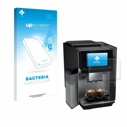 Vorderseite einer Produktverpackung mit dem Markenlogo upscreen. Daneben ist das Gerät Siemens EQ700 mit dem zugehörigen Displ