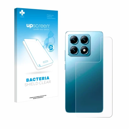 Vorderseite einer Produktverpackung mit dem Markenlogo upscreen. Daneben ist das Gerät Xiaomi 14T (Rückseite) mit dem zugehöri