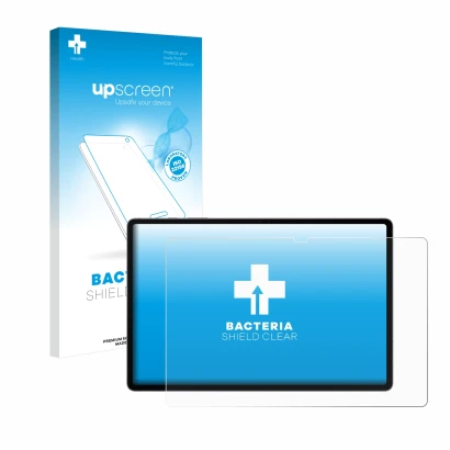 Vorderseite einer Produktverpackung mit dem Markenlogo upscreen. Daneben ist das Gerät Samsung Galaxy Tab S10 Plus WiFi mit de