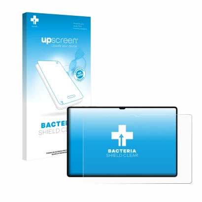 Vorderseite einer Produktverpackung mit dem Markenlogo upscreen. Daneben ist das Gerät Samsung Galaxy Tab S10 Ultra 5G mit dem