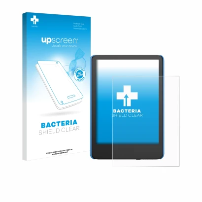 Vorderseite einer Produktverpackung mit dem Markenlogo upscreen. Daneben ist das Gerät Amazon Kindle Kids (2024) mit dem zugeh